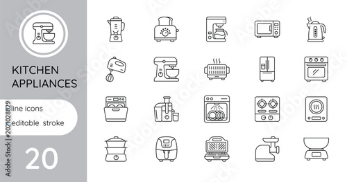 Kitchen appliances. Set of linear icons. Editable outline.