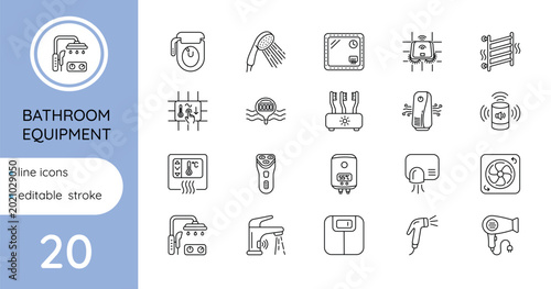 Bathroom appliances. Linear icon set. Editable outline.