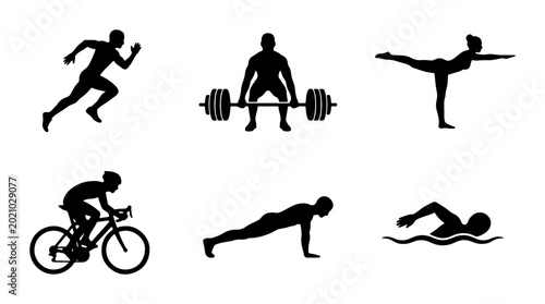 Foto Fitness Silhouette Icons: Running, Weightlifting, Yoga, Cycling, Planking, Swimm