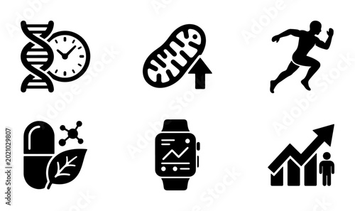 Foto Health and Fitness Icons: DNA, Mitochondria, Runner, Pill, Smartwatch, Growth Ch