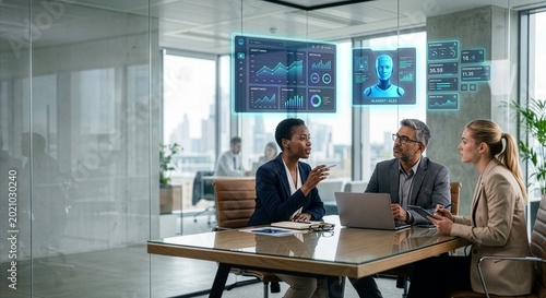 Business team collaborating with agentic AI interface in modern office, holographic dashboard