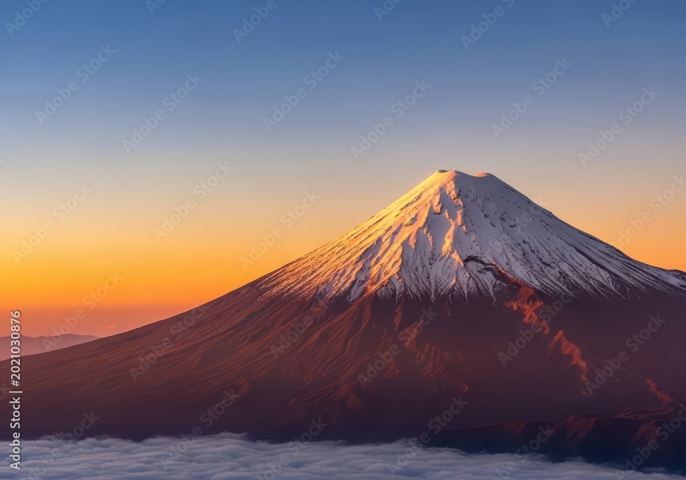 Fototapeta premium The iconic conical stratovolcano, capped with brilliant white snow, rises above the cloud layer at dawn, illuminating the mountainous terrain, winter, summit, glow