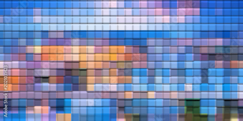 Blue Abstract Pixel Mosaic Cityscape Background with Colorful Urban Lights, Modern Digital Texture for Creative Travel and Skyline Design