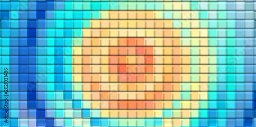 Retro Circular Abstract Pixel Mosaic Background with Blue and Yellow Geometric Rings, Modern Digital Texture for Creative Wallpaper Design