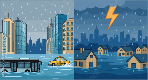 Bilde på lerret Flooded Cityscape with Stormy Weather and Lightning, Urban Area Under Water with