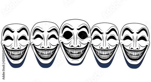 Bild auf Leinwand Group of Creepy Smiling Masks with Sharp Teeth, Anonymous Faces