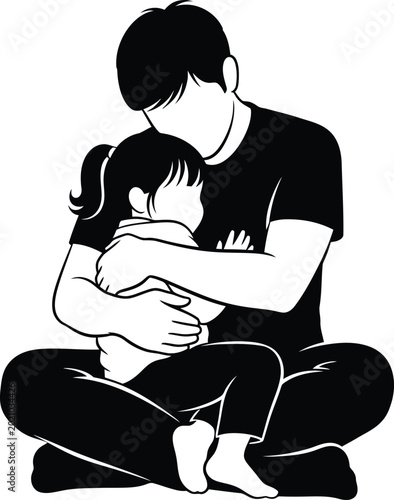Father Embracing Little Girl Sitting Cross Legged Isolated on White