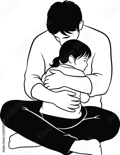 Father Hugging Little Girl in Black and White Illustration
