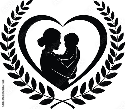 Mother Holding Baby Silhouette in Heart Laurel Wreath