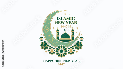 Islamic New Year 1448 celebration with mosque and crescent moon, marking Hijri New Year and Muharram