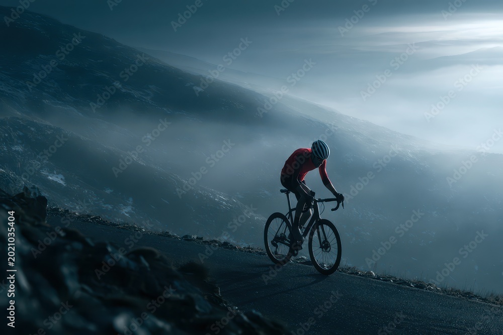 Fototapeta premium A lone cyclist in red jersey races down a misty mountain road during golden hour, dramatic lighting.