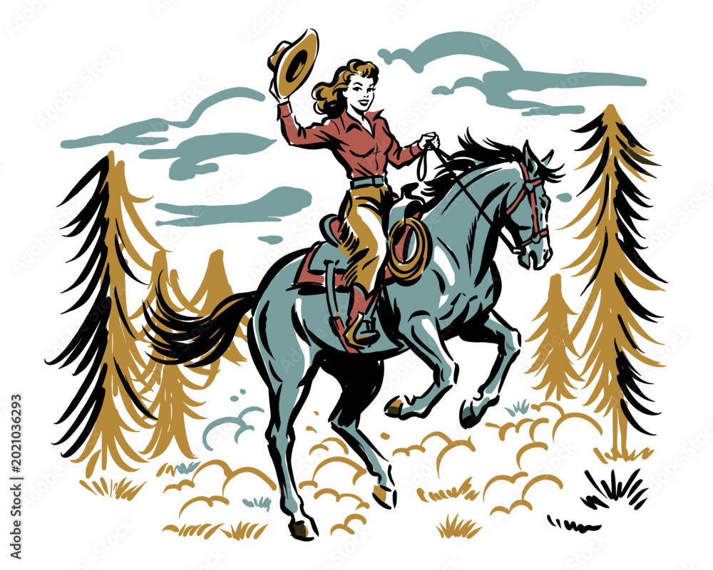 Fototapeta premium Wild west adventure. Cowgirl vintage design for t shirt print. Retro western artwork ride into the sunset