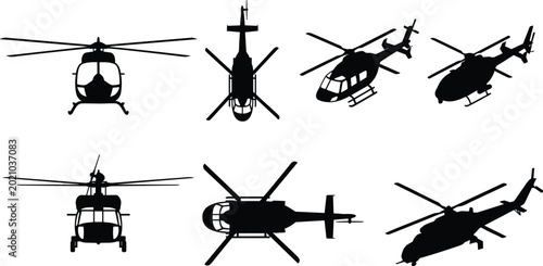 Tableau sur toile Helicopter Silhouette Icon Set with Different Helicopter Models and Top, Side, a
