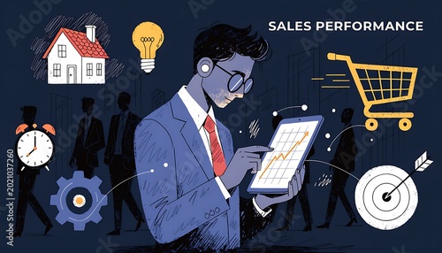 Business concept of a man analyzing sales performance data on a tablet, surrounded by of business growth and success keywords: sales performance