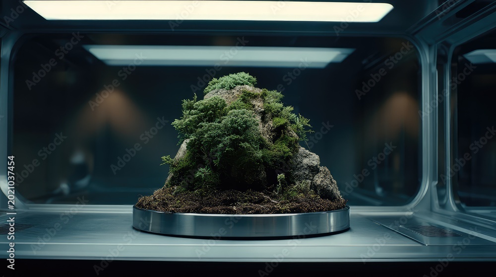 Fototapeta premium Miniature rocky mound with moss and tiny plants forming a contained ecosystem inside a sleek lab terrarium, evoking futuristic botanical research and space habitat study