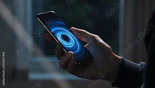 Close-up of a hand holding a smartphone displaying a swirling blue energy vortex, symbolizing digital connection and mobile technology keywords