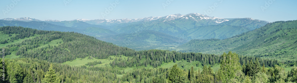Obraz premium Panoramic view of the mountain valley, summer greenery, green forests and snow-capped mountain peaks sunny day