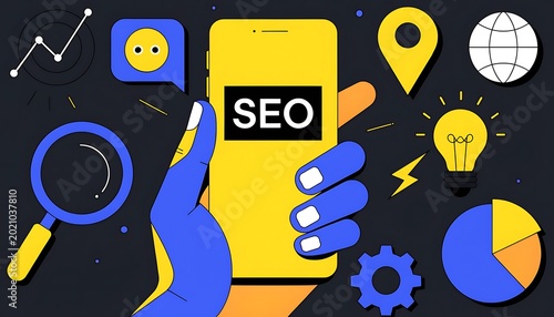 Vibrant flat of a hand holding a smartphone displaying 'seo', surrounded by digital marketing like a magnifying glass, lightbulb, graph, and map