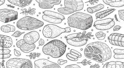Detailed hand drawn seamless pattern of various meat products including steak sausages chicken legs and ham on white background.
