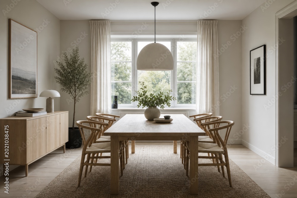Fototapeta premium Modern minimalist dining room with natural light, wooden table and chairs, neutral-toned decor, hanging pendant light, and potted plant by large windows