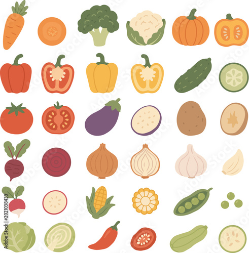 Colorful vegetable collection illustration with assorted fresh produce icons isolated on white background, perfect for healthy food blogs, menu graphics