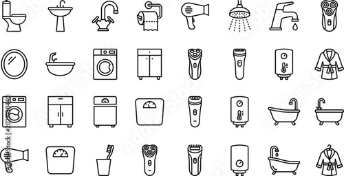 Foto Bathroom and Personal Care Icon Set with Toilet, Sink, Shower, Bathtub, Hair Dry