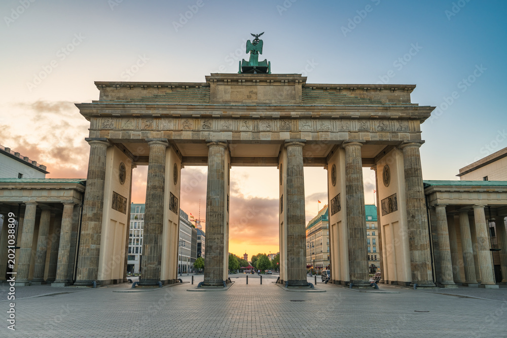 Fototapeta premium The Brandenburg Gate close up view in Berlin at sunrise. Germany