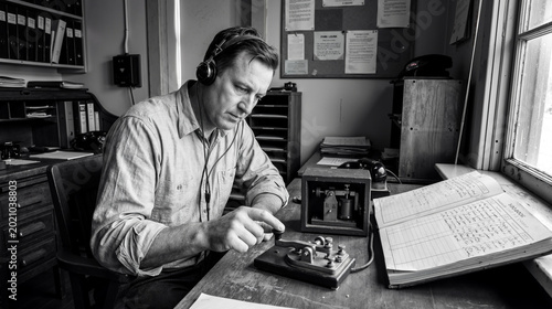 Vintage Radio Operator Using Morse Code Key in Retro Office Setting