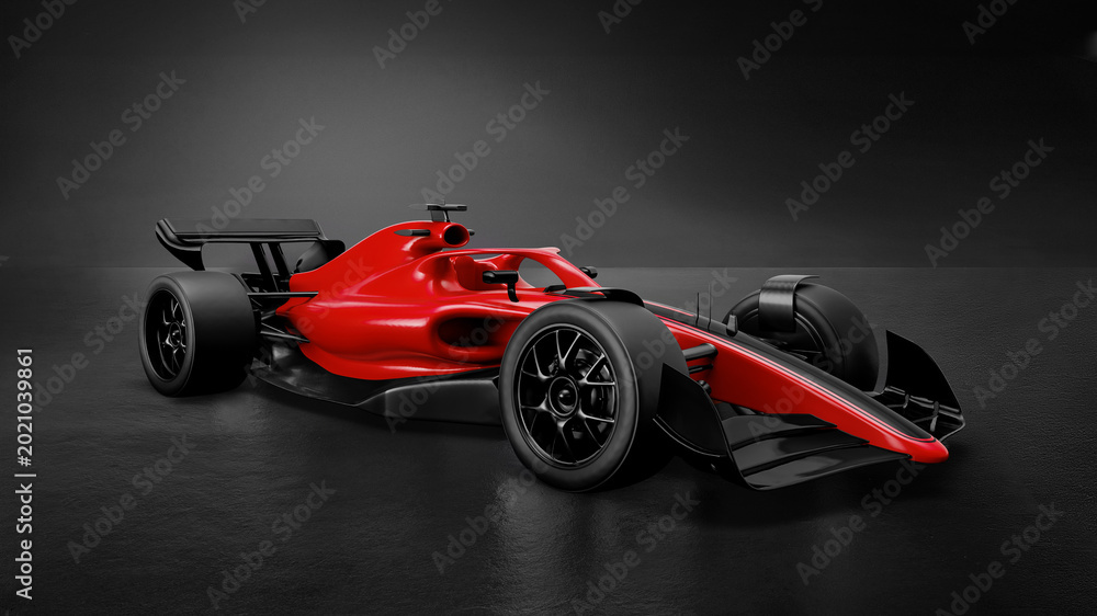 Fototapeta premium Race car and driver angled view isolated on Dark background. 3D Rendering