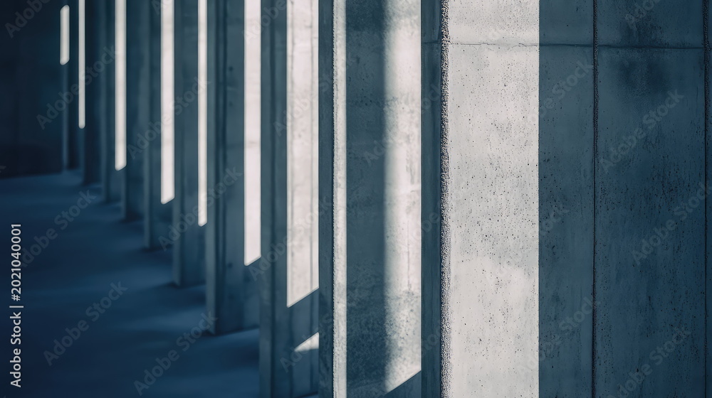 Obraz premium Concrete columns in repeating minimalist rhythm, harsh sunlight slicing long shadows to create bold geometric contrasts and a raw, brutalist interplay of light and texture