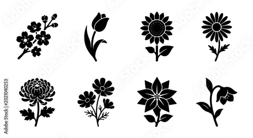 Bild auf Leinwand Elegant Floral Silhouettes, Vector Flower Icons Set: Blossom, Tulip, Sunflower,