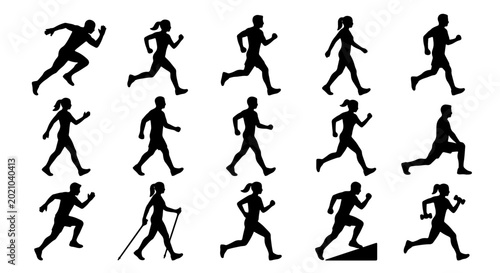 Tableau sur toile Diverse Human Silhouettes Collection: Running, Walking, Nordic Trekking Poses, V