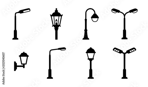 Photos Set of vintage and modern street light and lamp post silhouettes