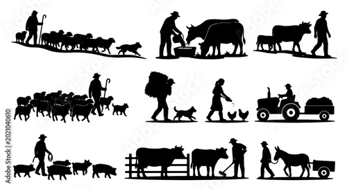 Foto Farm Life Silhouettes: Rural Agriculture Scenes, Livestock Herding, Tractor Farm