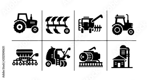 Quadro su tela Agricultural Machinery Icons: Tractor, Plow, Combine Harvester, Seeder, Cultivat