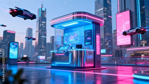 Futuristic city with flying cars and neon booth