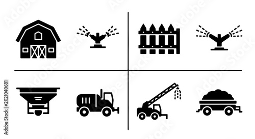Foto Farm Icons Set: Barn, Sprinklers, Fence, Tractor, Spreader, Crane, Cart - Agricu