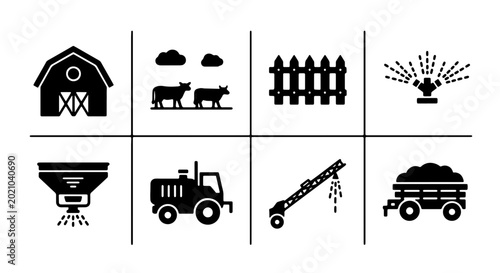 Foto Farm Icons Set: Barn, Cattle, Fence, Sprinkler, Spreader, Tractor, Auger, Traile