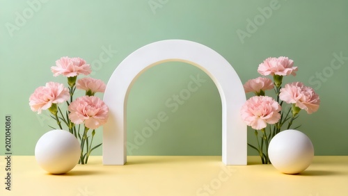 Floral arrangement with arch and spheres