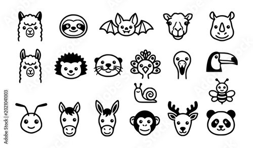 Photography Set of various wild and domestic animal head line drawings