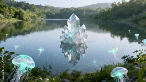 Crystal formation in serene lake with jellyfish