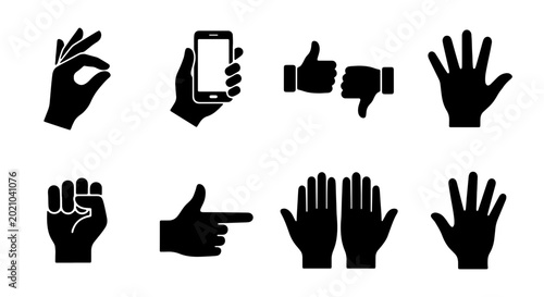 Photos Set of 8 Black Hand Gestures Icons, Vector Graphics for Communication, Social Me