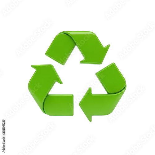 3d render of a green recycle symbol with glossy finish on transparent background