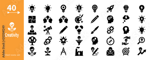 Bilde på lerret Creativity, innovation, lightbulbs and ideas filled icon set