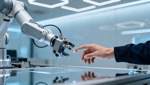 Human hand near robotic arm in lab