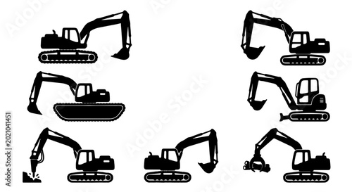 Fotografie Excavator Icons Set, Construction Machine Silhouettes, Heavy Equipment Vector Gr