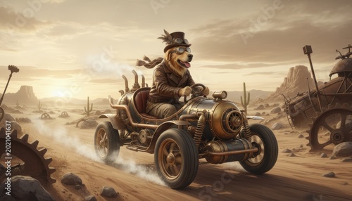 Dog in steampunk attire joyfully drives a vintage buggy across a sunlit desert landscape