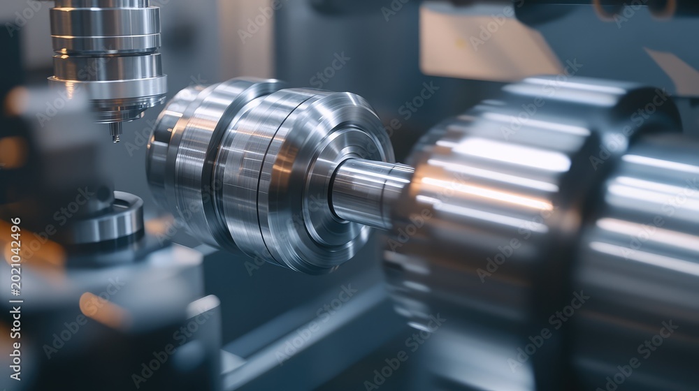 Fototapeta premium Automated cnc machine producing shiny steel parts, showcasing high precision machining, advanced digital manufacturing, robotics and modern industrial production processes