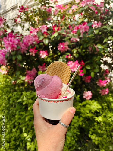 ice cream strawberry scoop waffle cone sprinkles
