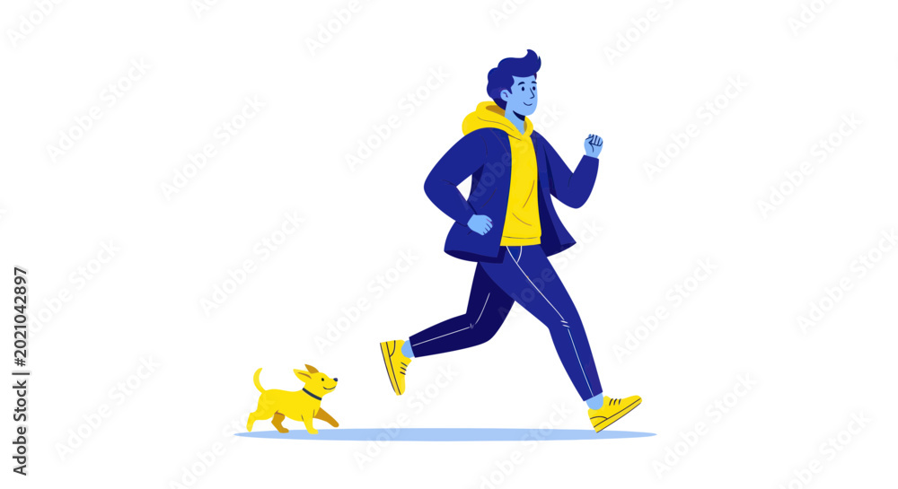 Fototapeta premium Man Jogging with Small Dog, Healthy Lifestyle Illustration